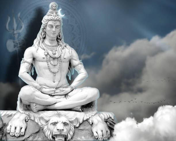 3d Wallpaper Lord Shiv with clouds and Sun Rays, God Mahadev mural 3D illustration Blue clouds and rays God Mahadev Doing Meditation